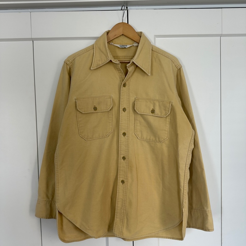 Vintage Mens Large Woolrich Chamois Button Up Shirt Tan Heavy Cotton